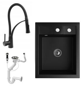 Gránit Mosogató NERO Parma + kihúzható zuhanyfejes Duo-Flex csaptelep + dugókiemelő + szifon (matt fekete)