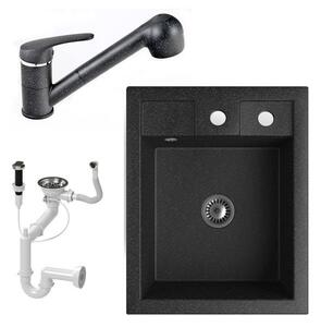 Gránit Mosogató NERO Parma + kihúzható zuhanyfejes Shower csaptelep + dugókiemelő + szifon (fekete)