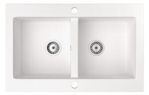 Gránit mosogatótálca NERO Verso + kihúzható zuhanyfejes Shower csaptelep + dugókiemelő (fehér)