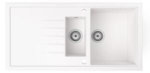 Gránit mosogató - Nero Solarys + kihúzható zuhanyfejes Snake csaptelep + dugókiemelő (fehér)