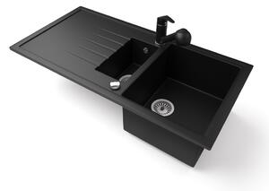 Gránit mosogató - Nero Solarys + kihúzható zuhanyfejes Shower csaptelep + dugókiemelő (matt fekete)