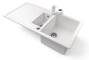 Gránit mosogató - Nero Solarys + kihúzható zuhanyfejes Shower csaptelep + dugókiemelő (fehér)