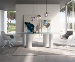 DELIFE Étkezőasztal Edge hajóformájú 240x120 domborított üveg gyöngyház 3D design Pilier fém fehér