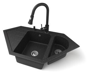 Gránit mosogató NERO Joker + kihúzható zuhanyfejes Snake csaptelep + adagoló (fekete)