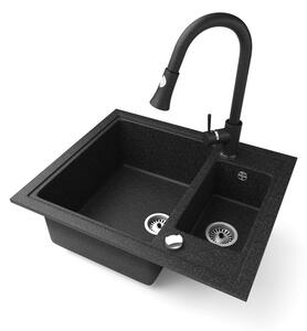 Gránit mosogató NERO Arriva + kihúzható zuhanyfejes Snake csaptelep + dugókiemelő (fekete)