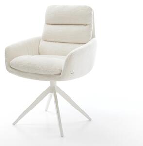 DELIFE Étkezőszék Abelia-Flex karfás bouclé puha bézs kereszt láb széles fehér 360° forgatható billenő