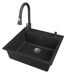 Gránit mosogató EOS Como + Kihúzható zuhanyfejes Snake csaptelep + adagoló (matt fekete)