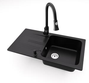 Gránit mosogató NERO Malta + kihúzható zuhanyfejes Snake csaptelep + adagoló (matt fekete)