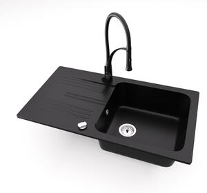 Gránit mosogató NERO Malta + kihúzható zuhanyfejes Duo-Flex csaptelep + dugóemelő (matt fekete)