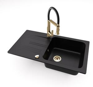 Gránit mosogató NERO Malta + kiemelhető zuhanyfejes Vegas arany/fekete mosogató csaptelep + dugóemelő (matt fekete)