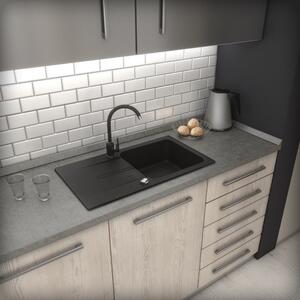 Gránit mosogató NERO Malta + kiemelhető zuhanyfejes Vegas mosogató csaptelep + dugóemelő (matt fekete)