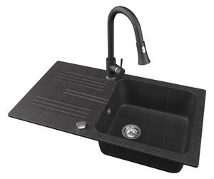 Gránit mosogató NERO Malta + kihúzható zuhanyfejes Snake csaptelep + dugóemelő (fekete)