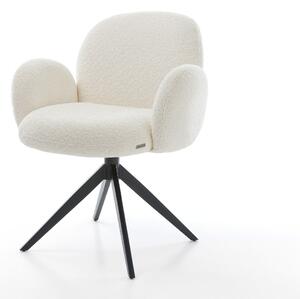 DELIFE Étkezőszék Nube-Flex karfás bouclé fehér kereszt láb széles fekete 360° forgatható hintamechanizmus zsákrugós matrac
