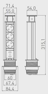 Konnektor, pultba süllyeszthető oszlop, 60mm, 3x dugalj, 2* USB 2A, 1,5fm kábellel, ezüst