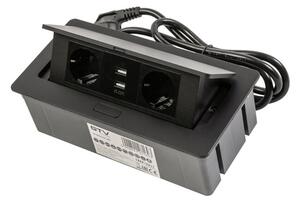 Konnektor, pultba süllyeszthető, fekvő, SOFT, 2x dugalj,2x USB 2A, 1,5 lábellel, fekete
