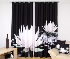 Gyönyörű fekete 3D drapéria a nappaliba fehér tavirózsa motívummal Szélesség: 160 cm | Hossz: 250 cm (2 darabos készletben)