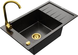 Mexen Elias, 1 kamrás gránit mosogató csepptálcával 80x48 cm Telma konyhai csapteleppel, fekete-arany, 6511-75-670200-50