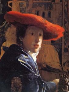 Jan (1632-75) Vermeer - Festmény reprodukció Girl with a Red Hat, c.1665, (30 x 40 cm)