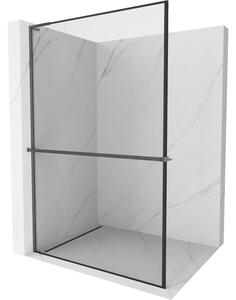 Mexen Kioto+ L, Walk-In zuhany paraván polccal és akasztóval 70 x 200 cm, 8 mm átlátszó üveg fekete mintás, grafit profil, 800-070-123-66-70