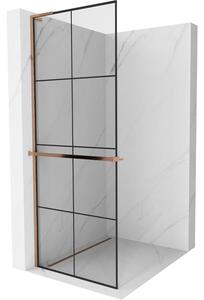 Mexen Kioto+ L, Walk-In zuhany paraván polccal és akasztóval 70 x 200 cm, 8mm átlátszó üveg fekete mintás, rózsa arany profil, 800-070-123-60-77