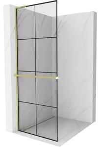 Mexen Kioto+ L, Walk-In zuhanyparaván polccal és akasztóval 70 x 200 cm, 8 mm átlátszó üveg fekete mintás, arany matt profil, 800-070-123-55-77