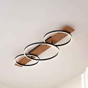 Lindby LED mennyezeti lámpa Galad, fekete, fa, 3 lámpás, 98 cm, dimmelhető, Világos fa, Nappali / Étkező, Fa, Modern