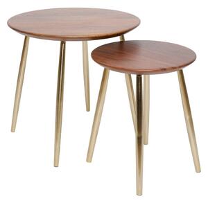 Kisasztal 2 db-os szett kerek, mangófa és fém, 35/50 cm, arany láb barna lap – ELOUVANE