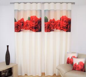 Krémszínű drapéria piros rózsa motívummal Szélesség: 160 cm | Hossz: 250 cm (2 darabos készletben)