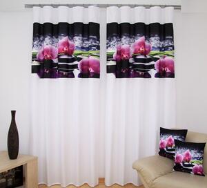 Fehér luxus függöny rózsaszín orchideával, fekete motívummal Szélesség: 160 cm | Hossz: 250 cm (2 darabos készletben)