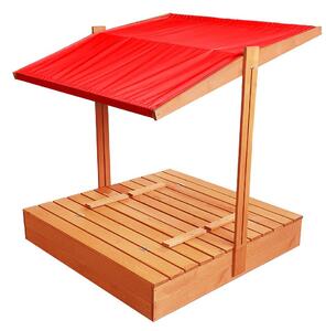 Zárható homokozó padokkal és piros tetővel 120 x 120 cm
