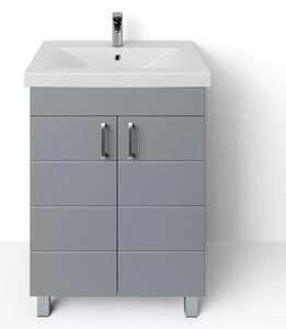 HD HÉRA 65 cm széles álló fürdőszobai mosdószekrény, világos szürke, króm kiegészítőkkel, 2 soft close ajtóval, szögletes kerámia mosdóval