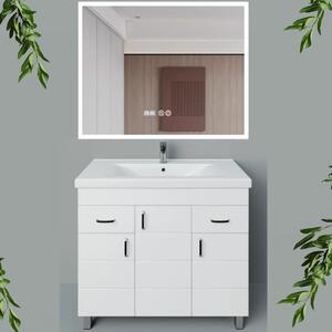 HD HÉRA 100 cm széles álló fürdőszobai mosdószekrény, fényes fehér, króm kiegészítőkkel,3 soft close ajtóval és 2 fiókkal, szögletes kerámia mosdóval és LED okostükörrel