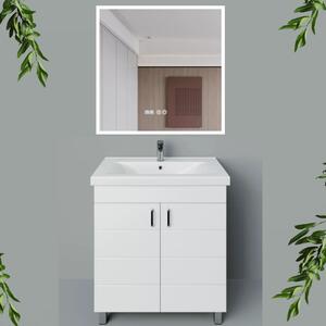 HÉRA 85 cm széles álló fürdőszobai mosdószekrény, fényes fehér, króm kiegészítőkkel, 2 soft close ajtóval, szögletes kerámia mosdóval és LED okostükörrel