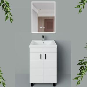 HÉRA 55 cm széles álló fürdőszobai mosdószekrény, fényes fehér, fekete kiegészítőkkel, 2 soft close ajtóval, szögletes kerámia mosdóval és LED okostükörrel