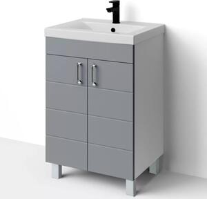 HÉRA 55 cm széles álló fürdőszobai mosdószekrény, világos szürke, króm kiegészítőkkel, 2 soft close ajtóval, szögletes kerámia mosdóval