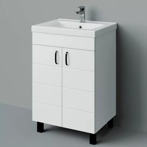 HD HÉRA 55 cm széles álló fürdőszobai mosdószekrény, fényes fehér, fekete kiegészítőkkel, 2 soft close ajtóval, szögletes kerámia mosdóval