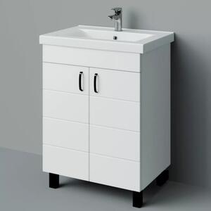 HÉRA 65 cm széles álló fürdőszobai mosdószekrény, fényes fehér, fekete kiegészítőkkel, 2 soft close ajtóval, szögletes kerámia mosdóval