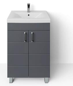 HD HÉRA 55 cm széles álló fürdőszobai mosdószekrény, sötét szürke, króm kiegészítőkkel, 2 soft close ajtóval, szögletes kerámia mosdóval