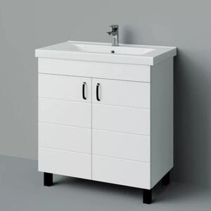HD HÉRA 85 cm széles álló fürdőszobai mosdószekrény, fényes fehér, fekete kiegészítőkkel, 2 soft close ajtóval, szögletes kerámia mosdóval