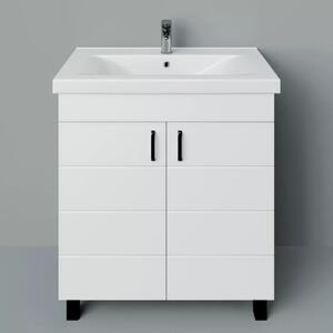 HÉRA 85 cm széles álló fürdőszobai mosdószekrény, fényes fehér, fekete kiegészítőkkel, 2 soft close ajtóval, szögletes kerámia mosdóval