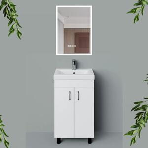 LIGHT 50 cm széles álló fürdőszobai mosdószekrény, fényes fehér, fekete kiegészítőkkel, 2 ajtóval, szögletes kerámia mosdóval és LED okostükörrel