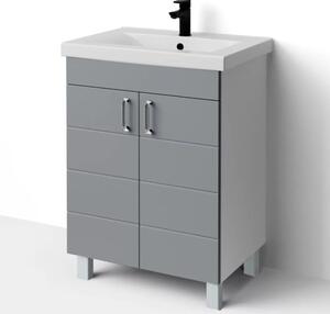 HÉRA 65 cm széles álló fürdőszobai mosdószekrény, világos szürke, króm kiegészítőkkel, 2 soft close ajtóval, szögletes kerámia mosdóval