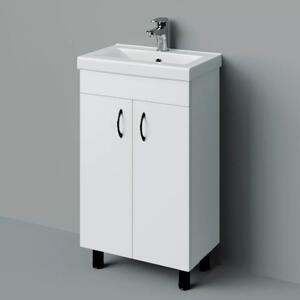 HD LIGHT 50 cm széles álló fürdőszobai mosdószekrény, fényes fehér, fekete kiegészítőkkel, 2 ajtóval, szögletes kerámia mosdóval