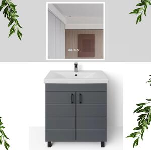 HD HÉRA 85 cm széles álló fürdőszobai mosdószekrény, sötét szürke, fekete kiegészítőkkel, 2 soft close ajtóval, szögletes kerámia mosdóval és LED okostükörrel
