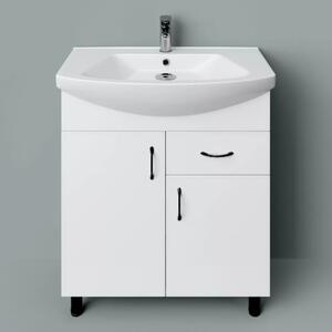 HD STANDARD 75 cm széles álló fürdőszobai mosdószekrény, fényes fehér, fekete kiegészítőkkel, 2 ajtóval és 1 fiókkal, íves kerámia mosdóval