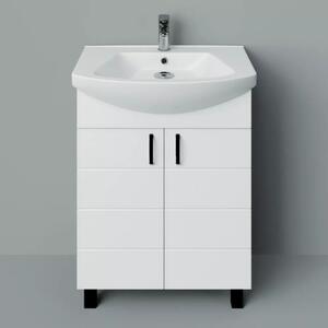 MART 55 cm széles álló fürdőszobai mosdószekrény, fényes fehér, fekete kiegészítőkkel, 2 soft close ajtóval, íves kerámia mosdóval