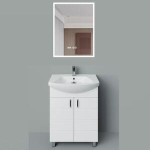 HD MART 55 cm széles álló fürdőszobai mosdószekrény, fényes fehér, króm kiegészítőkkel, 2 soft close ajtóval, íves kerámia mosdóval és LED okostükörrel