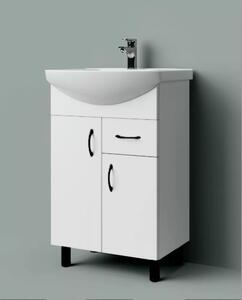 STANDARD 55 cm széles álló fürdőszobai mosdószekrény, fényes fehér, fekete kiegészítőkkel, 2 ajtóval és 1 fiókkal, íves kerámia mosdóval