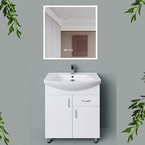 HD STANDARD 75 cm széles álló fürdőszobai mosdószekrény, fényes fehér, króm kiegészítőkkel, 2 ajtóval és 1 fiókkal, íves kerámia mosdóval és LED okostükörrel
