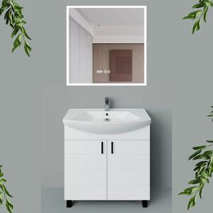 MART 75 cm széles álló fürdőszobai mosdószekrény, fényes fehér, fekete kiegészítőkkel, 2 soft close ajtóval, íves kerámia mosdóval és LED okostükörrel